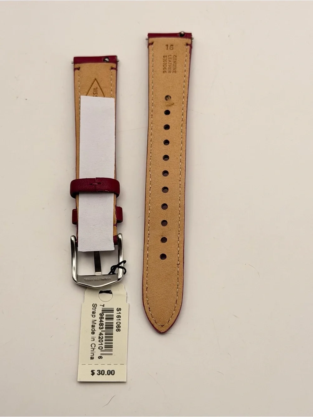 Fossil OEM Leather Band, New, 16mm, silver accent, Genuine Leather